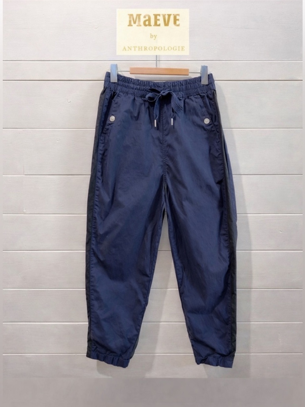 MAEVE Anthropologie – Navy Pants with Black Side Stripes (Size S)